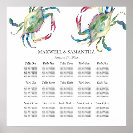 Beach Weddenschap SEATING CHART, Blue Crab Poster (Voorkant)