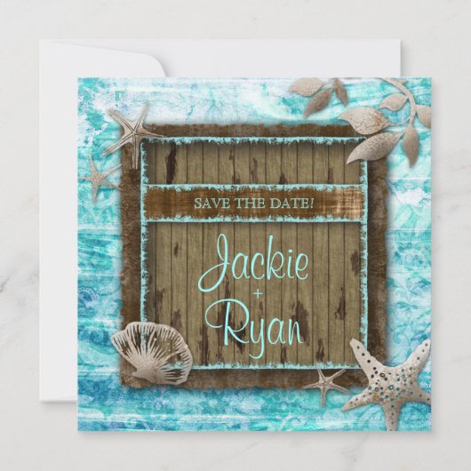 Beach Weddenschap Uitnodiging Seashell Blue Wood (Achterkant)