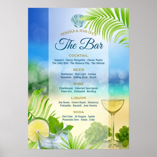 Beach Weddenschap Wine Palm Open Bar Menu Poster (Voorkant)