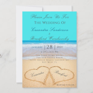 Beach Wedding 2 Hearts Sand Blauwgroen Blue Invita Kaart