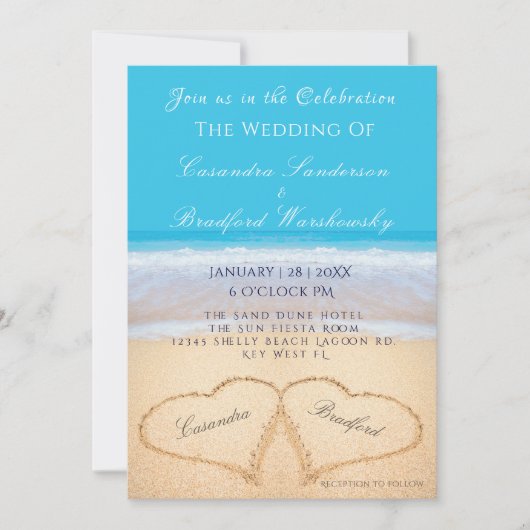 Beach Wedding 2 Hearts Sand Wedding Ocean Blue Kaart (Voorkant)