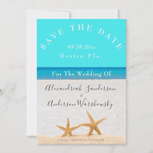 Beach Wedding 2 Starfish in Sand Save the Date Inv Kaart (Voorkant)