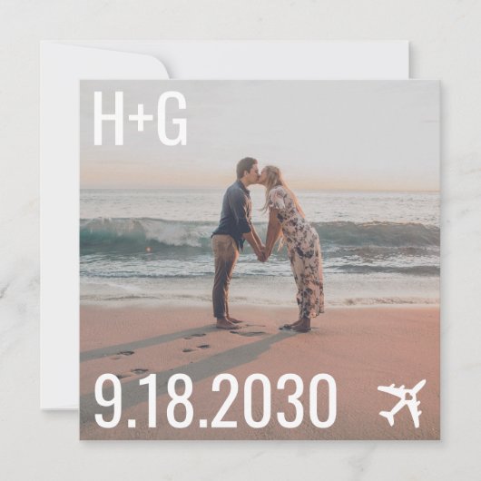 Beach Wedding Airplane Destination Square Foto Save The Date (Voorkant)