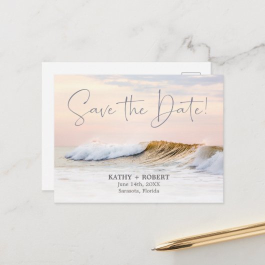 BEACH WEDDING BEWAREN HET DATUM BRIEFKAART | OCEAN (Voorkant / Achterkant in situ)