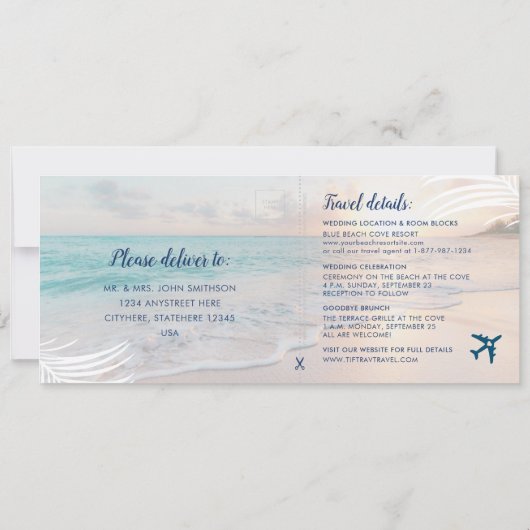 Beach Wedding Boarding Pass All-in-One uitnodiging (Achterkant)