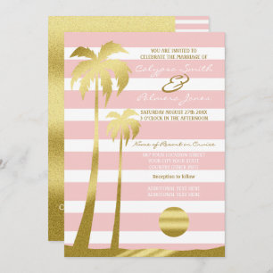 Beach Wedding Gold Glitter Palm Trees Pink Stripes Kaart