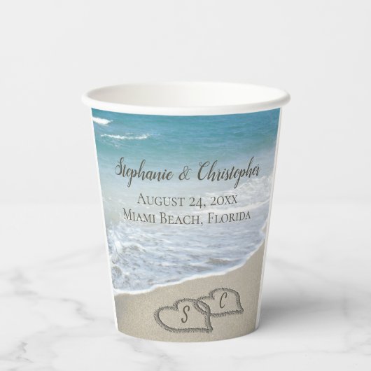 Beach Wedding Hearts in de zand Elegant Papieren Bekers (Achterkant)