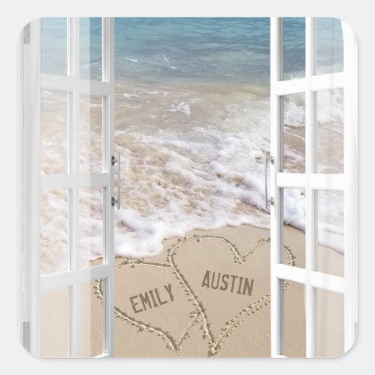 Beach Wedding Hearts in Open Window Vierkante Sticker (Voorkant)
