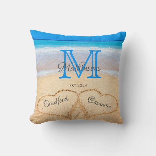  Beach Wedding Hearts in Sand Family Monogram Kussen (Voorkant)