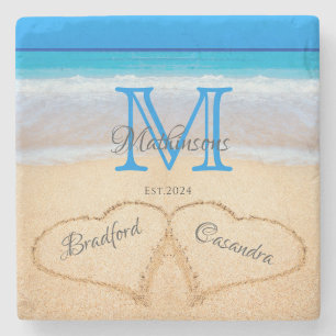 Beach Wedding Hearts in Sand Family Monogram Stenen Onderzetter