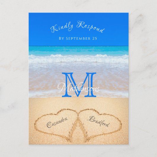Beach Wedding Hearts in Sand RSVP Briefkaart (Voorkant)