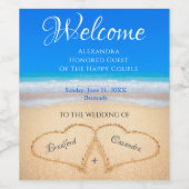 Beach Wedding Hearts in Sand Welcome Keepomwille Wijn Etiket (Enkel label)