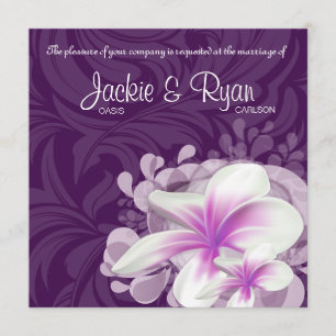 Beach Wedding Invite Plumeria Flower Paarse Leaves Kaart