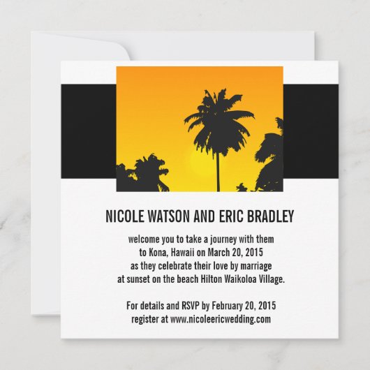 Beach Wedding Inviting Sunset Palm Trees Kaart (Voorkant)