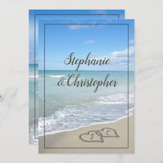 Beach Wedding Monogram Harten zand Kaart (Voorkant / Achterkant)