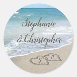Beach Wedding Monogram Harten zand Ronde Sticker