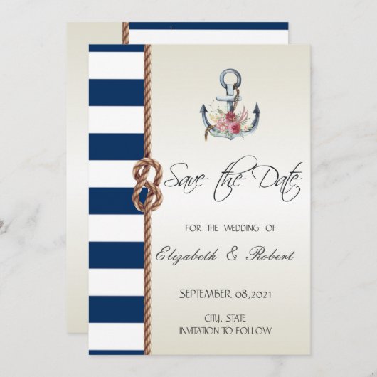Beach Wedding Navy Rope, striped Save the Date (Voorkant / Achterkant)