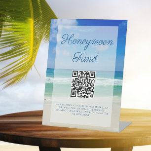 Beach Wedding Ocean Waves Photo Honeymoon Fund Reclamebord Met Voetstuk