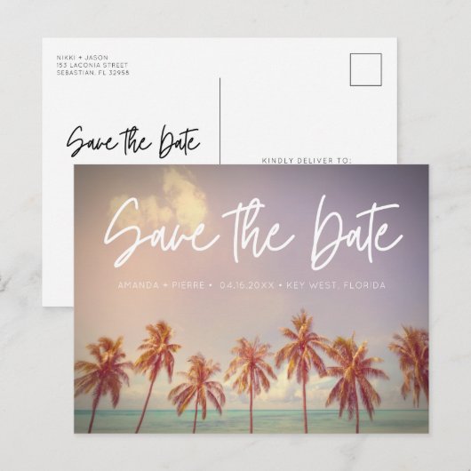 Beach Wedding Palm Tree Budget Save the Date Aankondigingskaart (Voorkant / Achterkant)