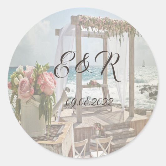 Beach Wedding Retro Arbor Ronde Sticker (Voorkant)