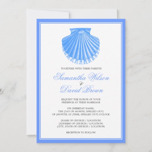 Beach Wedding Scallop Shell Blue Kaart (Voorkant)