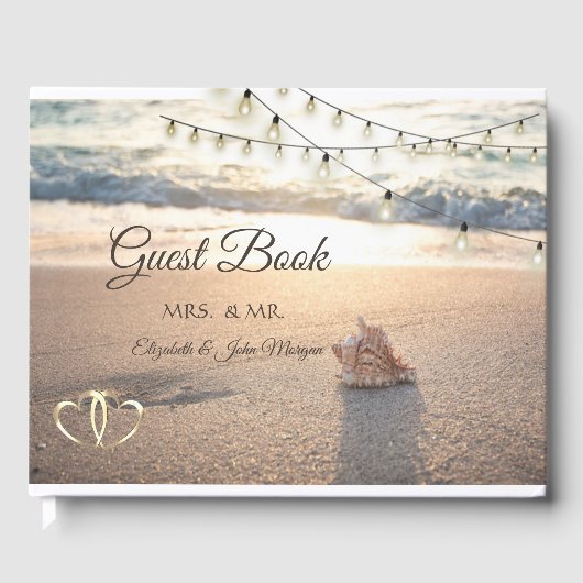 Beach Wedding, Seashell, Light Strings Gastenboek (Voorkant)