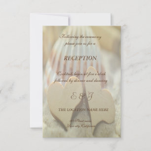 Beach Wedding, Seashell, Wood Hearts Reception Kaart