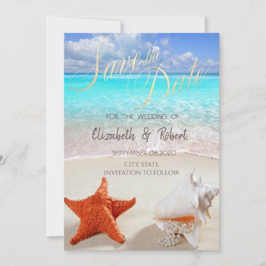 Beach Wedding Seashells lampjes sparen de datum Save The Date (Voorkant)