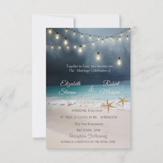 Beach Wedding Seastars String Lights Uitnodiging (Voorkant)