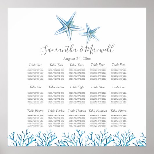 Beach Wedding SEATING CHART, Starfish Coral Poster (Voorkant)