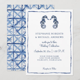 Beach Wedding Shibori Indigo Waterverf Seahorse Kaart