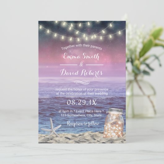 Beach Wedding Starfish String Lights Mason Jar Kaart (Staand voorkant)