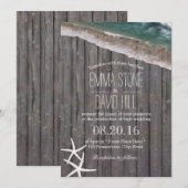 Beach Wedding Starfish & Waves Rustic Wood Kaart (Voorkant / Achterkant)