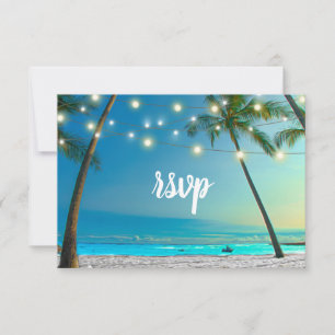 Beach Wedding String Lights Palm Trees Wedding RSVP Kaartje