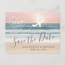 Beach Wedding Sunset Heart Airplane Save the Date Aankondigingskaart