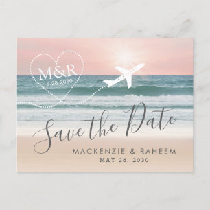 Beach Wedding Sunset Heart Airplane Save the Date Aankondigingskaart