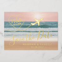 Beach Wedding Sunset Heart Airplane Save the Date