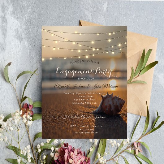 Beach Wedding Sunset Seashell Licht Verloving Kaart