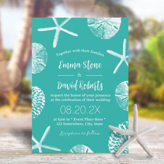Beach Wedding Tropical Seashells Modern Turquoise Kaart