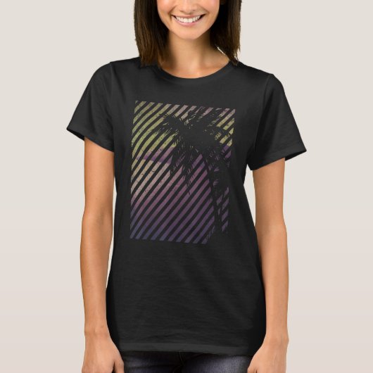 Beach With Sunset Stripes And Palm Trees T-shirt (Voorkant)
