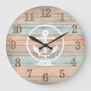 Beach Wood Nautical Stripes & Anchor Large Clock Grote Klok
