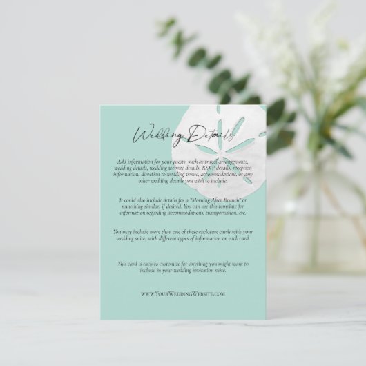 Beach Zee Glass Sand Dollar Weddenschap Website Informatiekaartje (Staand voorkant)