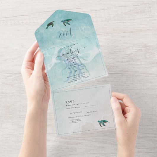 Beach Zee Turtle Destination Wedding RSVP MENU All All In One Uitnodiging (Afscheurbaar)