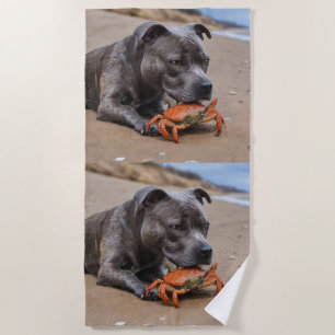 Beachside Pals: een Staffy en zijn Crab Companion Strandlaken