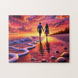 Beachside Romance Couple Sunset Walk By the Sea Legpuzzel