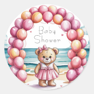 Beachside Teddy Bear Balloon Girl Baby shower Ronde Sticker
