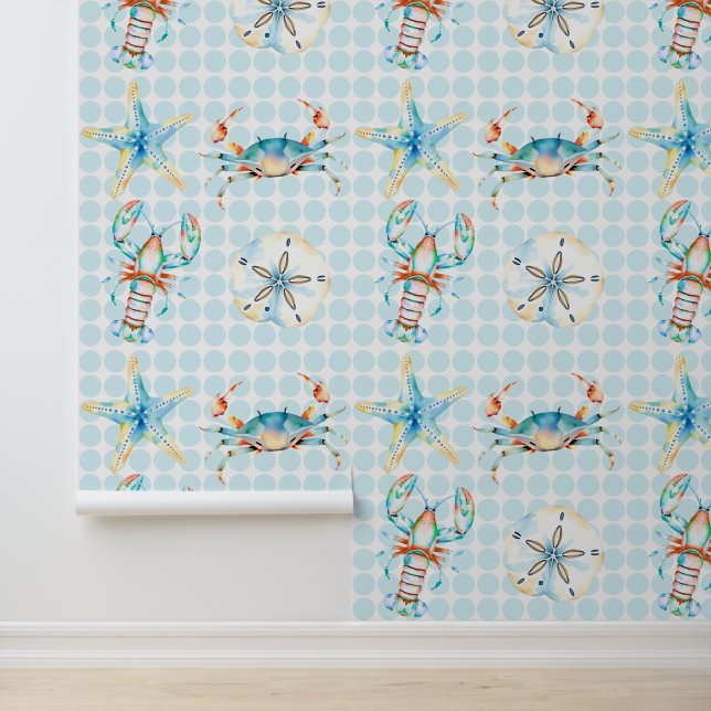 Beachy Blue Crab, Kreeft, Zeester, Zanddollar Behang (Applicatie)