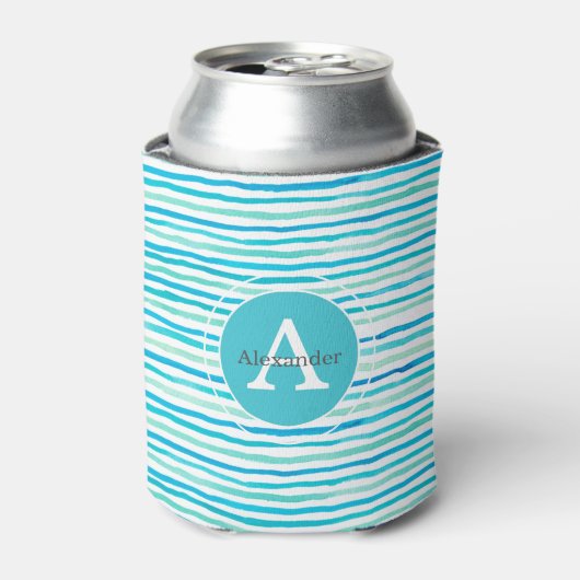 Beachy Blue Stripes Monogram Gepersonaliseerd Blikjeskoeler (Blikje Voorkant)