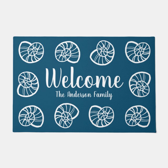 Beachy Coastal White Seashells & Navy Blue Deurmat (Voorkant)