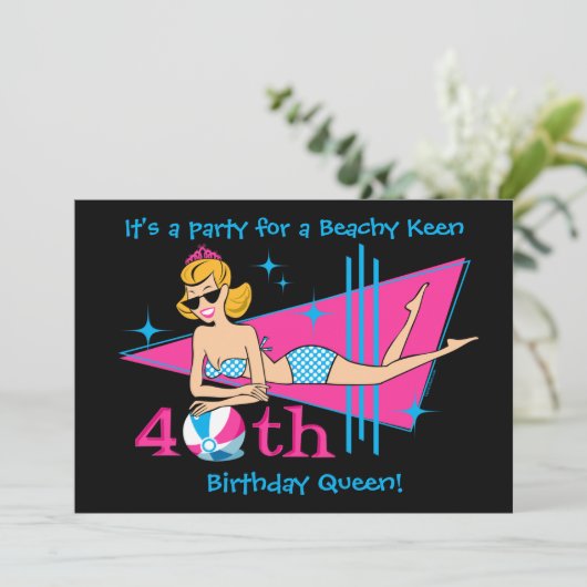 Beachy Keen 40th Birthday Custom Invitations Kaart (Staand voorkant)